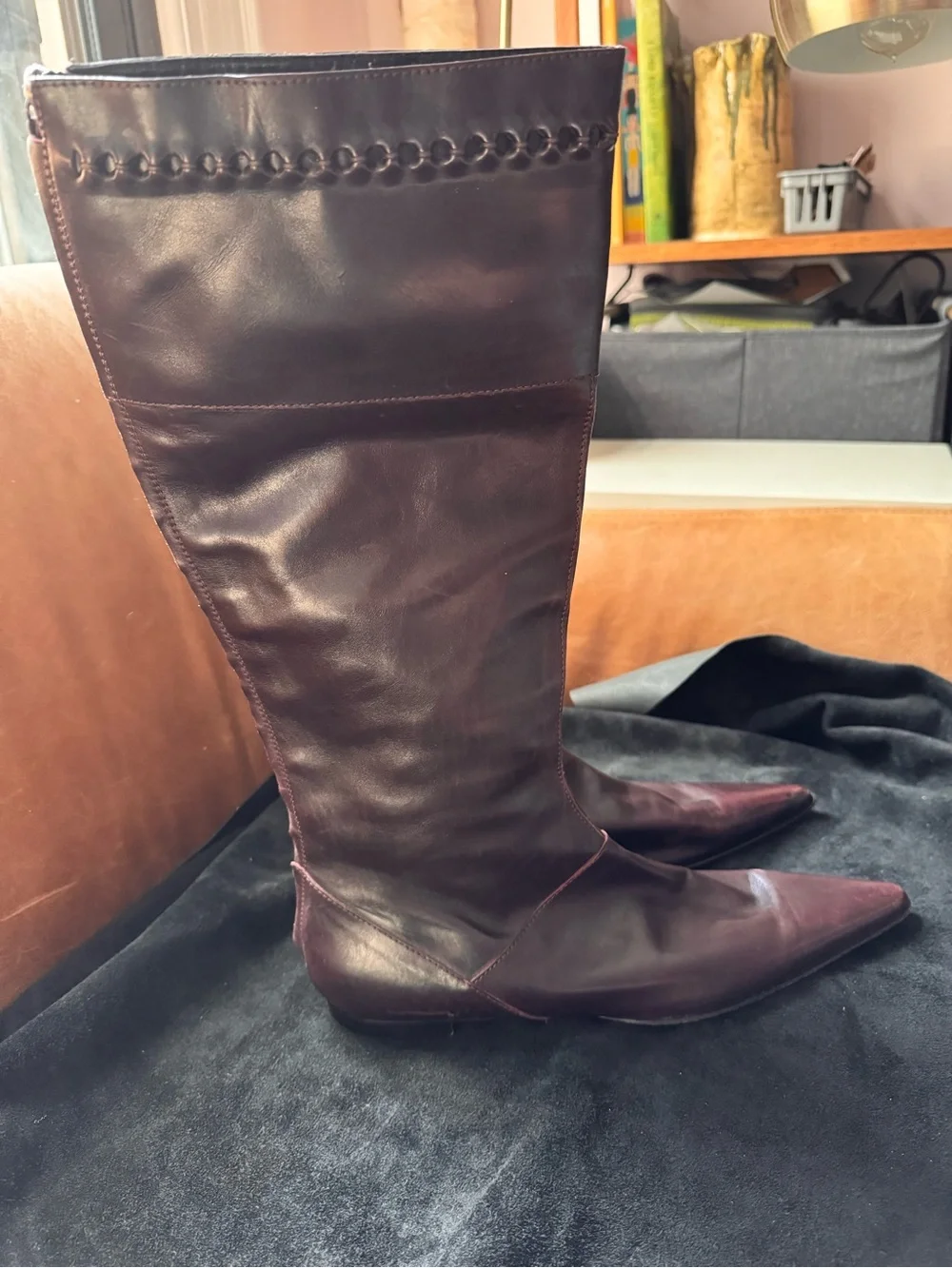 Alberta Ferretti Tall Leather knee high Boots deep purple maroon pointed toe
